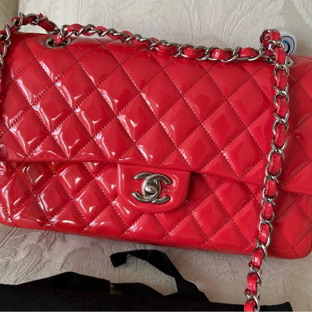 Authentic Chanel Red Patent Leather Medium Classic Double Flap Bag with card